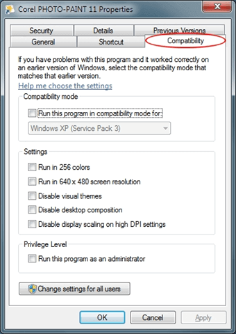 , click on the Compatibility tab and mark the box along with the Run this program in compatibility mode for
