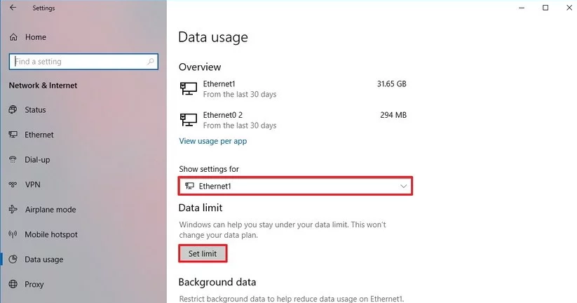 Set Data Limit on Windows 10
