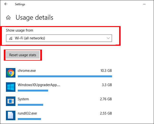 reset data usage on Windows 10