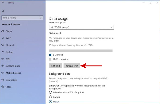 remove data limit on Windows 10