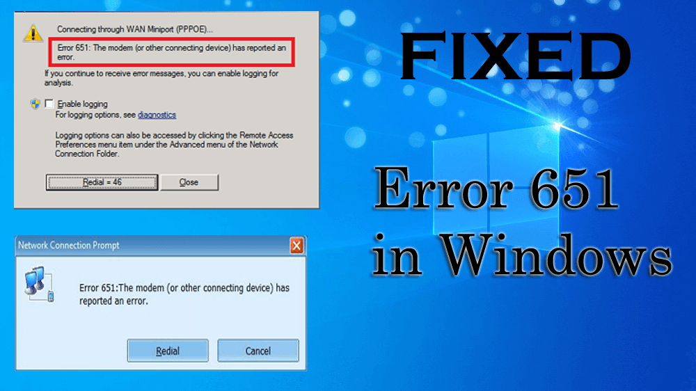 Error de Windows 7 al conectarse en camino a la conexión de banda ancha error 651