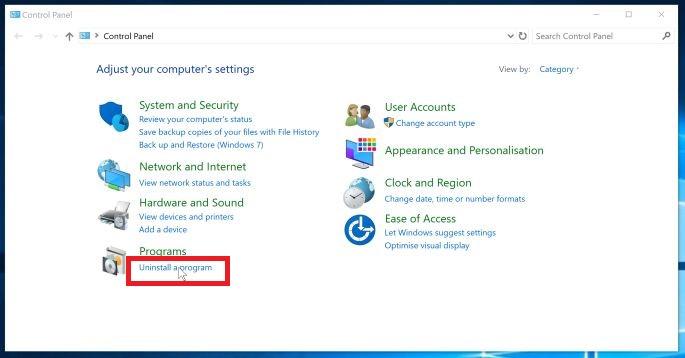 Uninstall Malware From Control Panel Of Windows 10