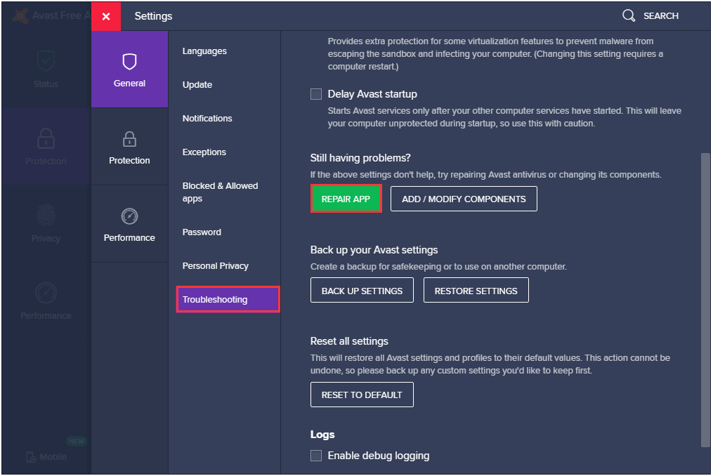 fix avast turning off by itself