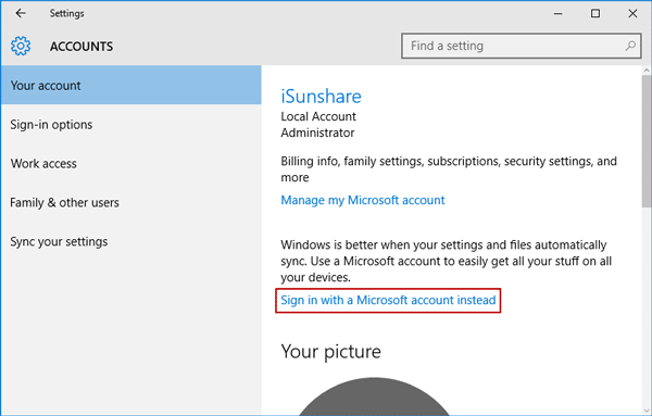 choose to sign in with microsoft account