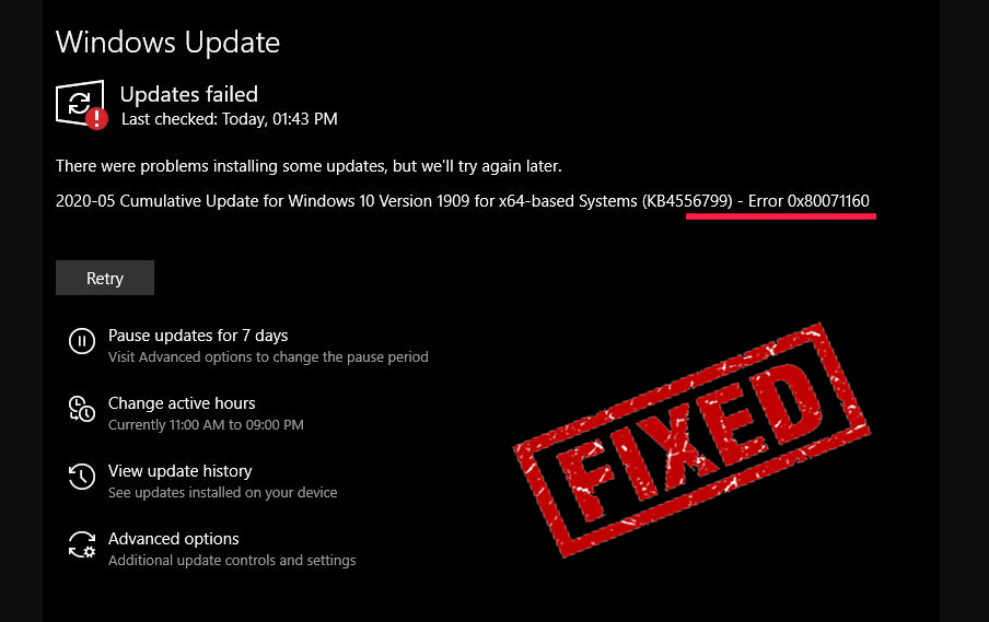 Windows 10 update error 0x80071160