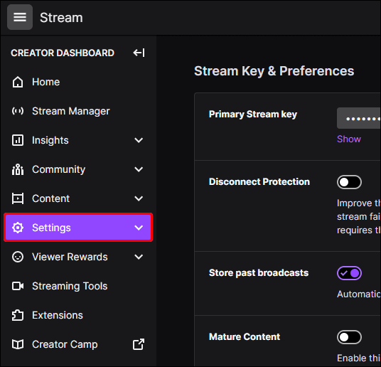 Twitch Settings option