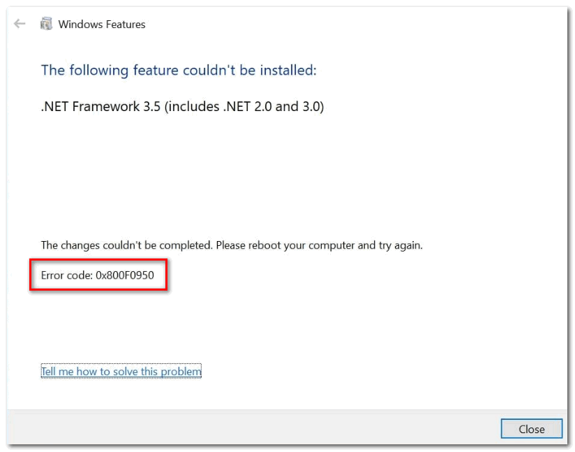 Error de instalación de .net framework 3.5 0x800f0950