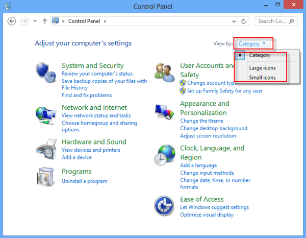 Option de catégorie du panneau de configuration