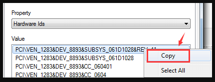 Copie la ID de hardware como se indica