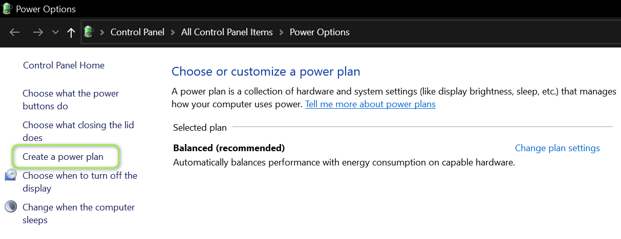 Additional Power Settings and Create a New Power Plan