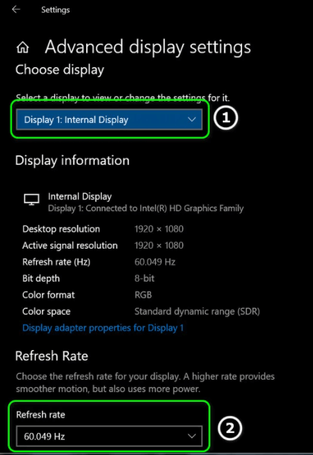 Refresh Rate dropdown.