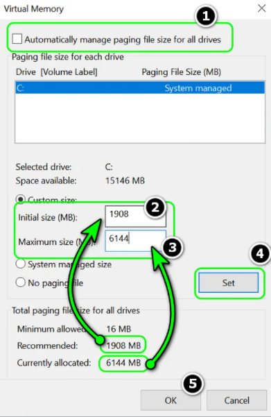 Automatically Manage Paging File Size for All Drives option