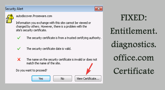 Outlook Certificate Error Entitlement.diagnostics.office.com